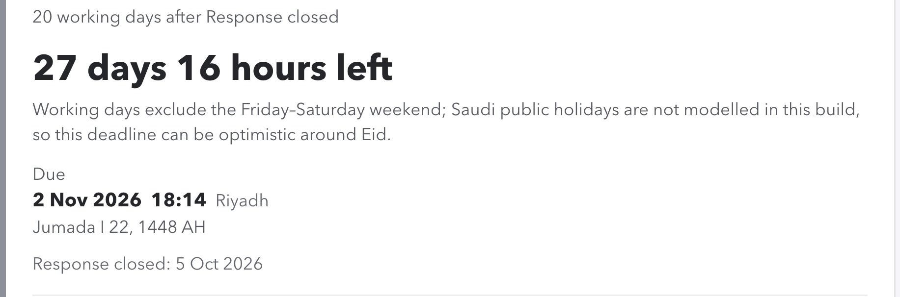CST's final report: 20 working days after the response closed, with its due date in both calendars; Saudi public holidays are not modelled.