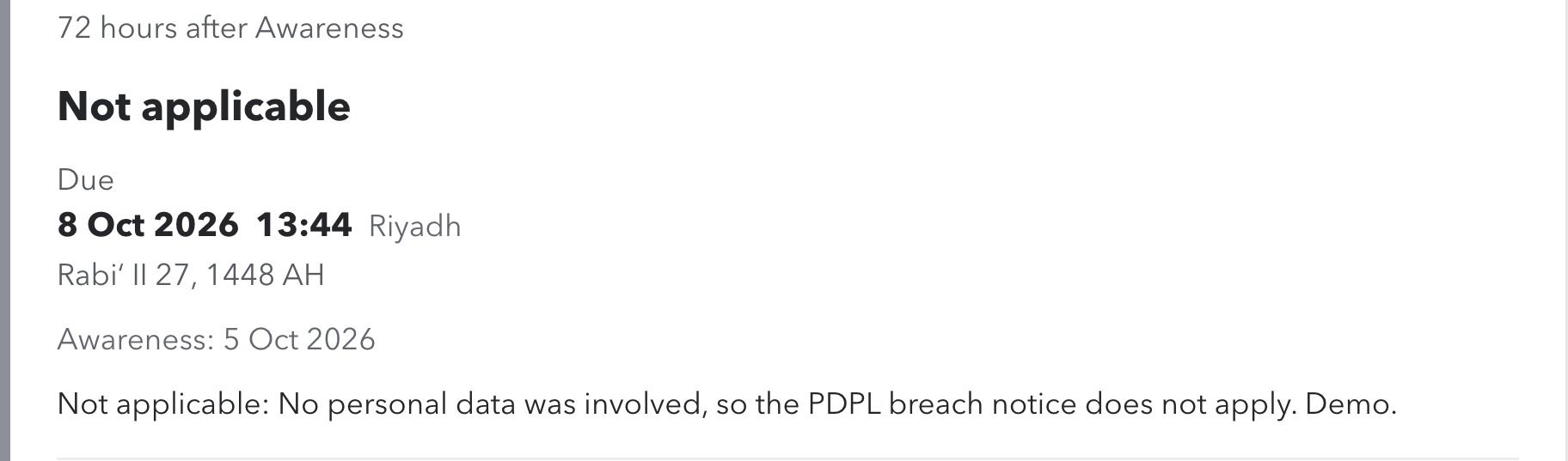 SDAIA's 72-hour notice, marked not applicable because no personal data was involved.