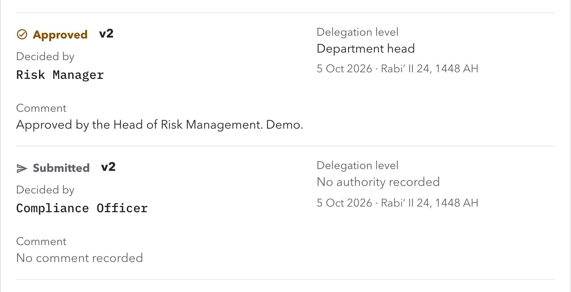 Approval history: version 2 approved by the Head of Risk Management, after its owner submitted it.