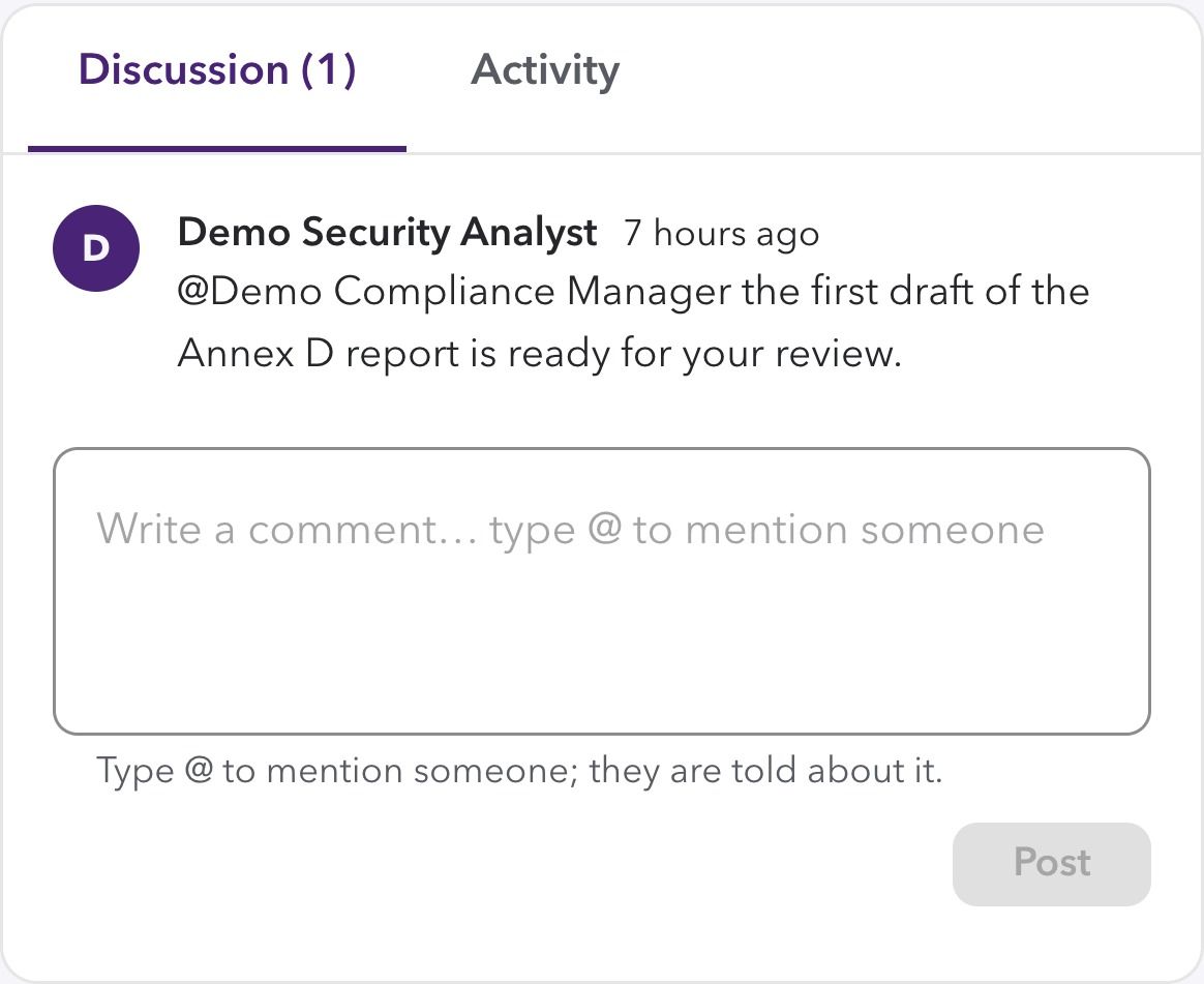 A task's discussion: the security analyst mentions the compliance manager to say the first draft of a report is ready for review.